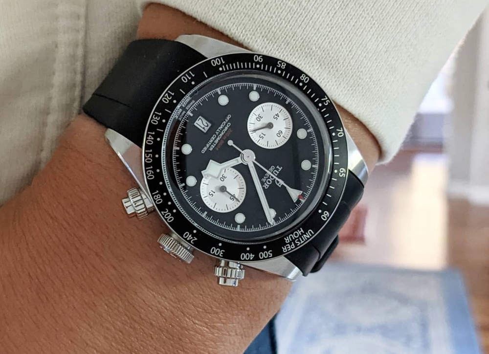 Heritage Chrono on wrist with a black strap